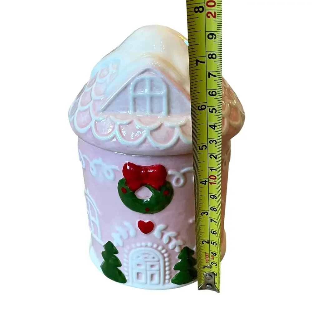 Pinkmas Gingerbread House Ceramic Canister Cookie Jar 7.5in Holiday NEW